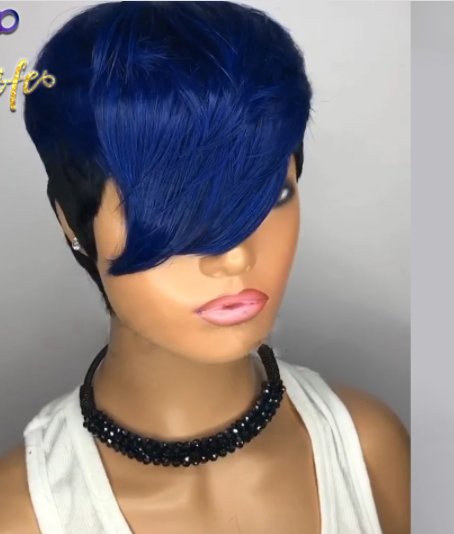 Blue Ombre Wavy Color Short Straight Bob Pixie Cut Made Glueless Non Lace 100 Remy Human Hair Wigs Wholesale For Black Women