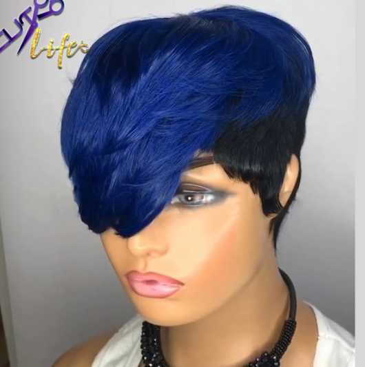 Blue Ombre Wavy Color Short Straight Bob Pixie Cut Made Glueless Non Lace 100 Remy Human Hair Wigs Wholesale For Black Women